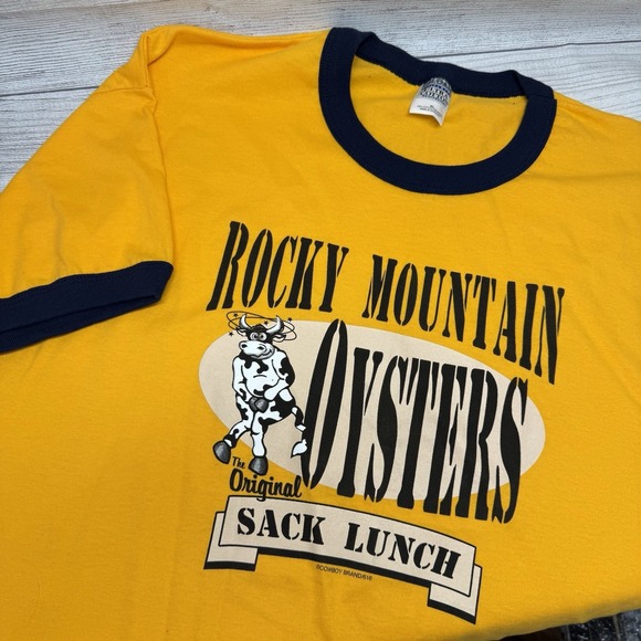 Other - Yellow Rocky Mountain Oysters Sack Lunch Ringer T-shirt XL NWOT